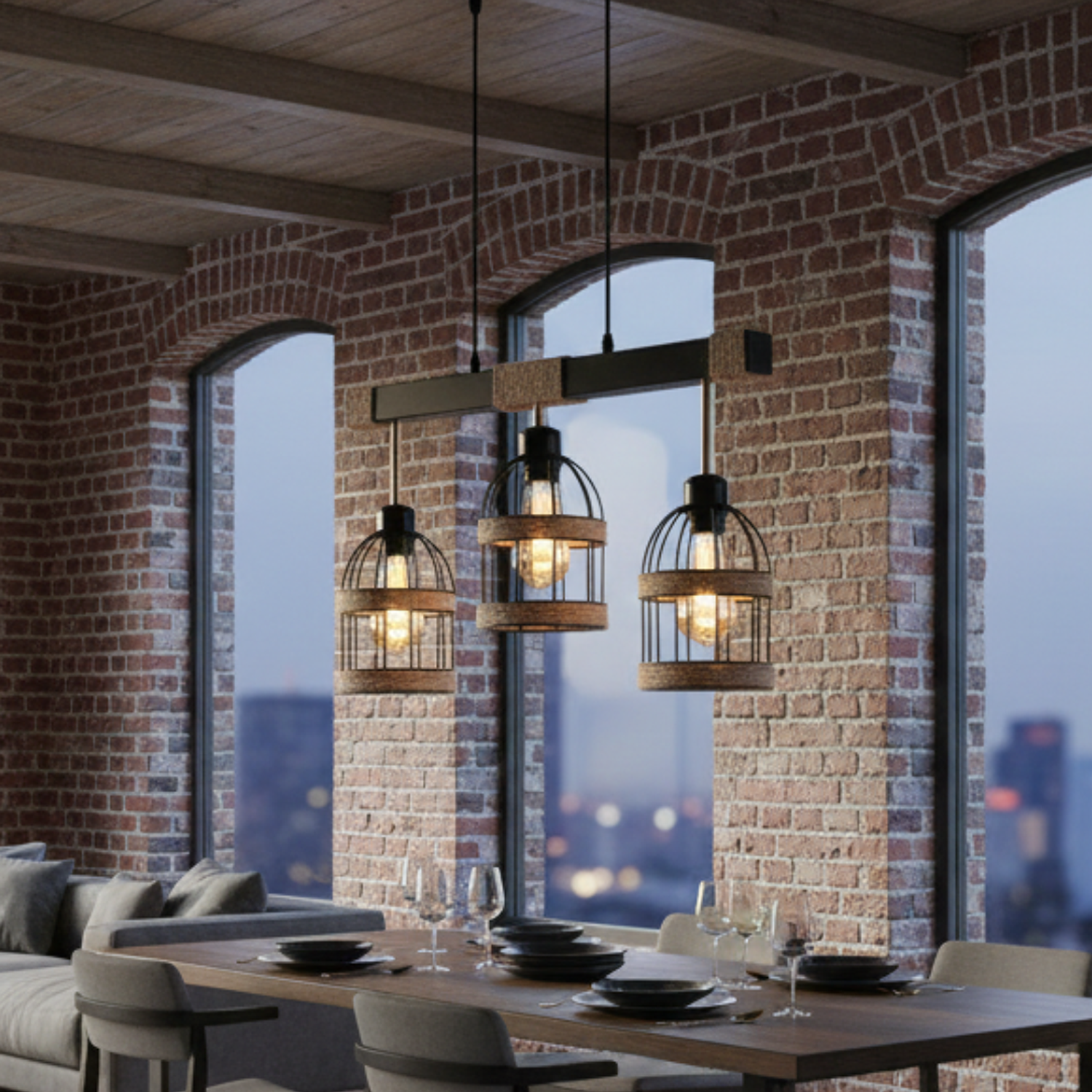 Lámpara Colgante Porta E27*3 Cáñamo Jaula 6