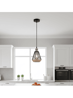 Lámpara Colgante Estilo Vintage en Metal Negro y Cáñamo