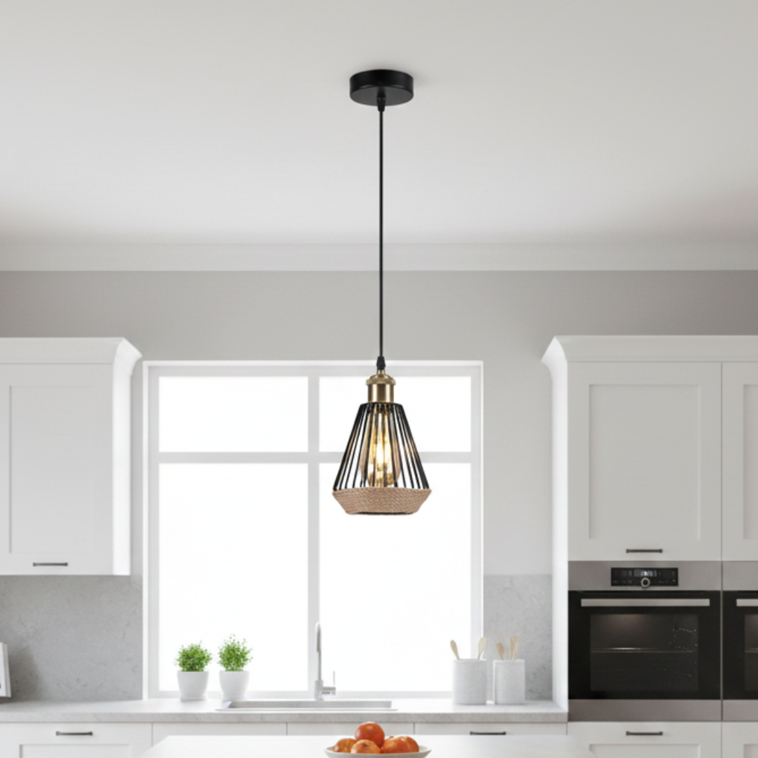 Lámpara Colgante Estilo Vintage en Metal Negro y Cáñamo 1