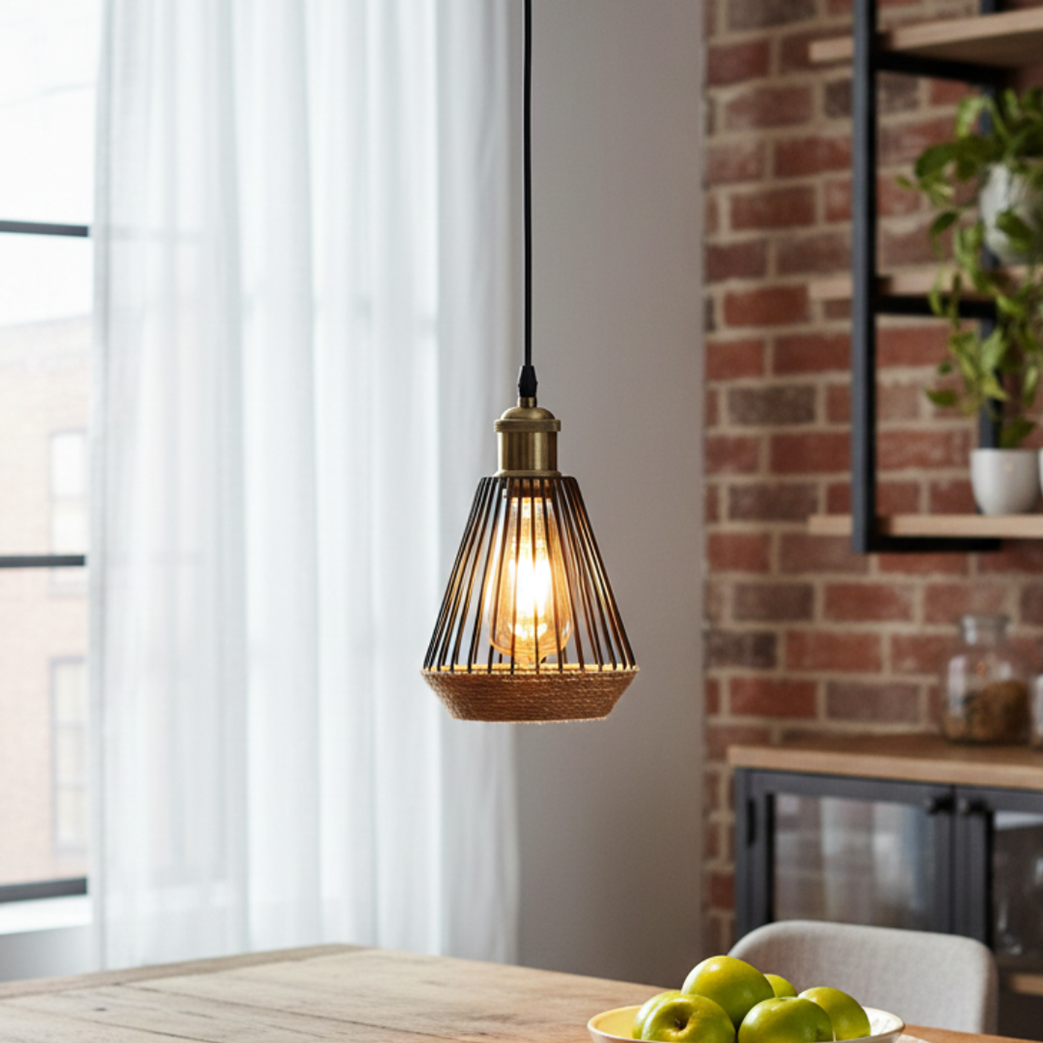 Lámpara Colgante Estilo Vintage en Metal Negro y Cáñamo 2