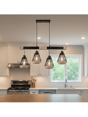 Lámpara Colgante Industrial de 4 Luces E27 con Detalles de Cáñamo
