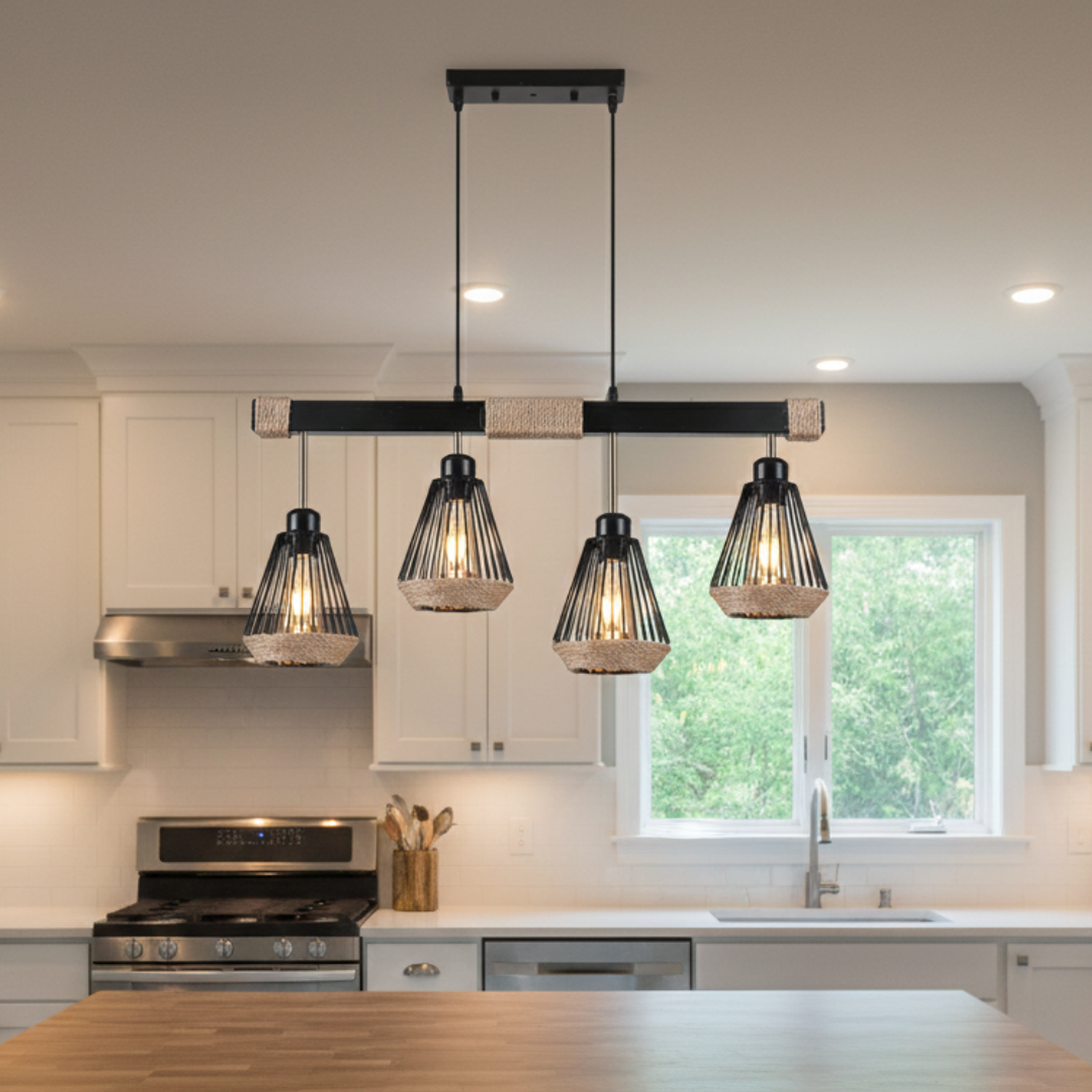 Lámpara Colgante Industrial de 4 Luces E27 con Detalles de Cáñamo 1