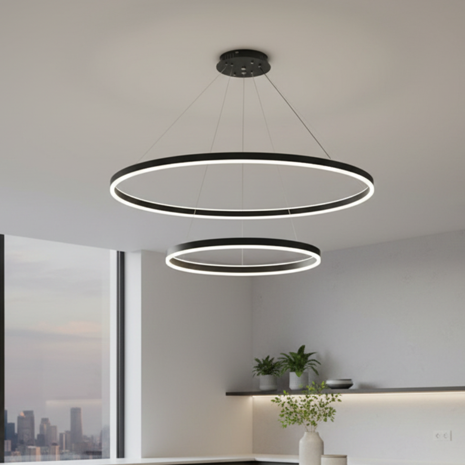Lámpara de Techo Doble Anillo LED Circular Negro Moderno 1
