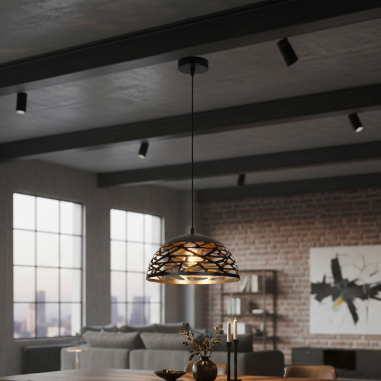 Lámpara Colgante Industrial de Metal Negro y Dorado  4