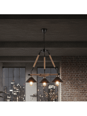 Lámpara de Techo Estilo Industrial con Cuerda de Cáñamo y 3 Luces