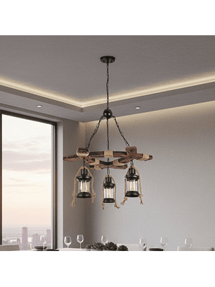 Lámpara Colgante Vintage de Madera Industrial con 3 Luces de Farol
