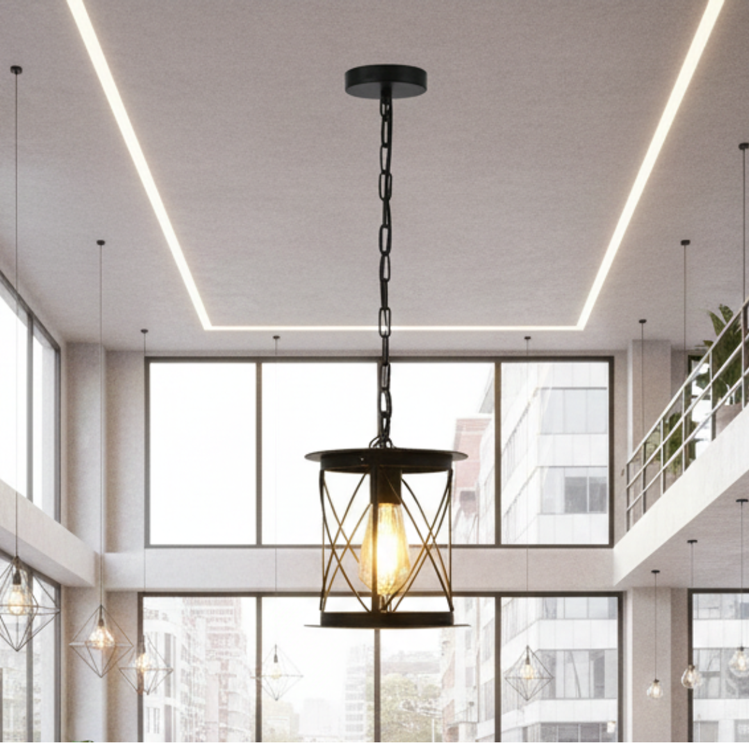 Lámpara Colgante Industrial de Metal Negro Estilo Jaula Vintage 1