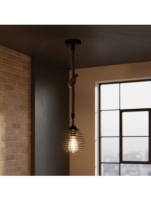 Lámpara Vintage Colgante de Cáñamo y Jaula de Metal Negra