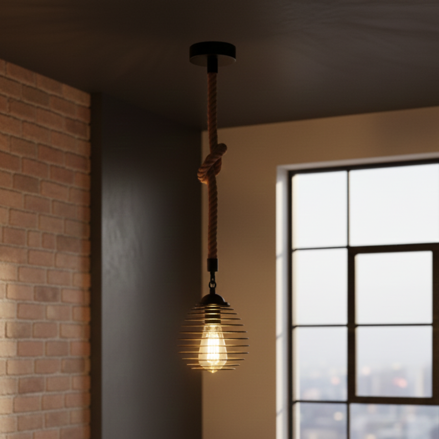 Lámpara Vintage Colgante de Cáñamo y Jaula de Metal Negra 1