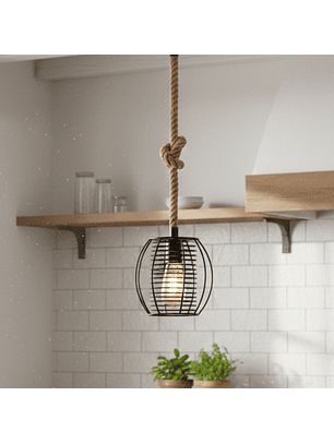 Lámpara Colgante Vintage de Cuerda de Cáñamo y Jaula de Metal Negra