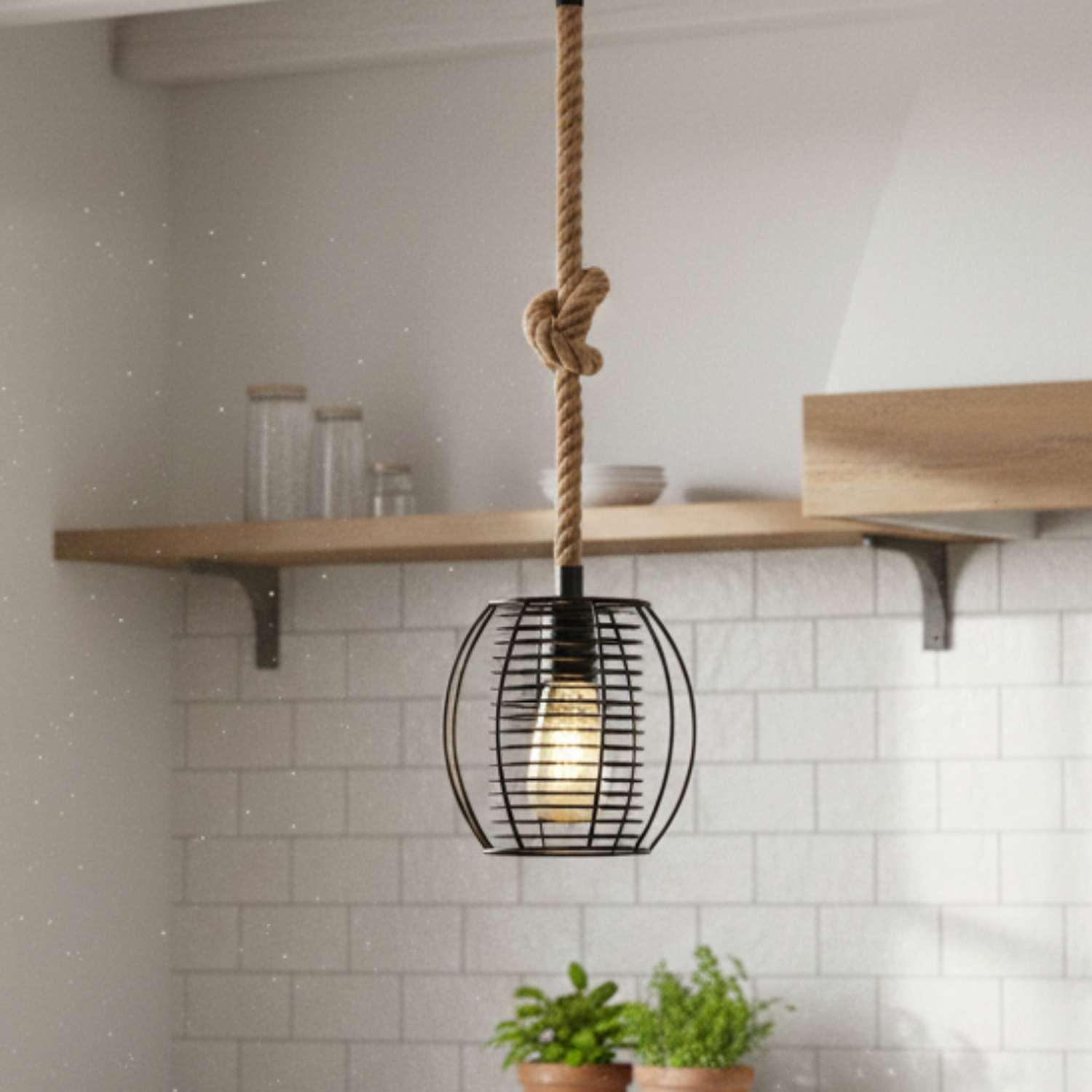 Lámpara Colgante Vintage de Cuerda de Cáñamo y Jaula de Metal Negra 2