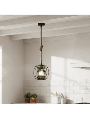 Lámpara Colgante Vintage de Cuerda de Cáñamo y Jaula de Metal Negra