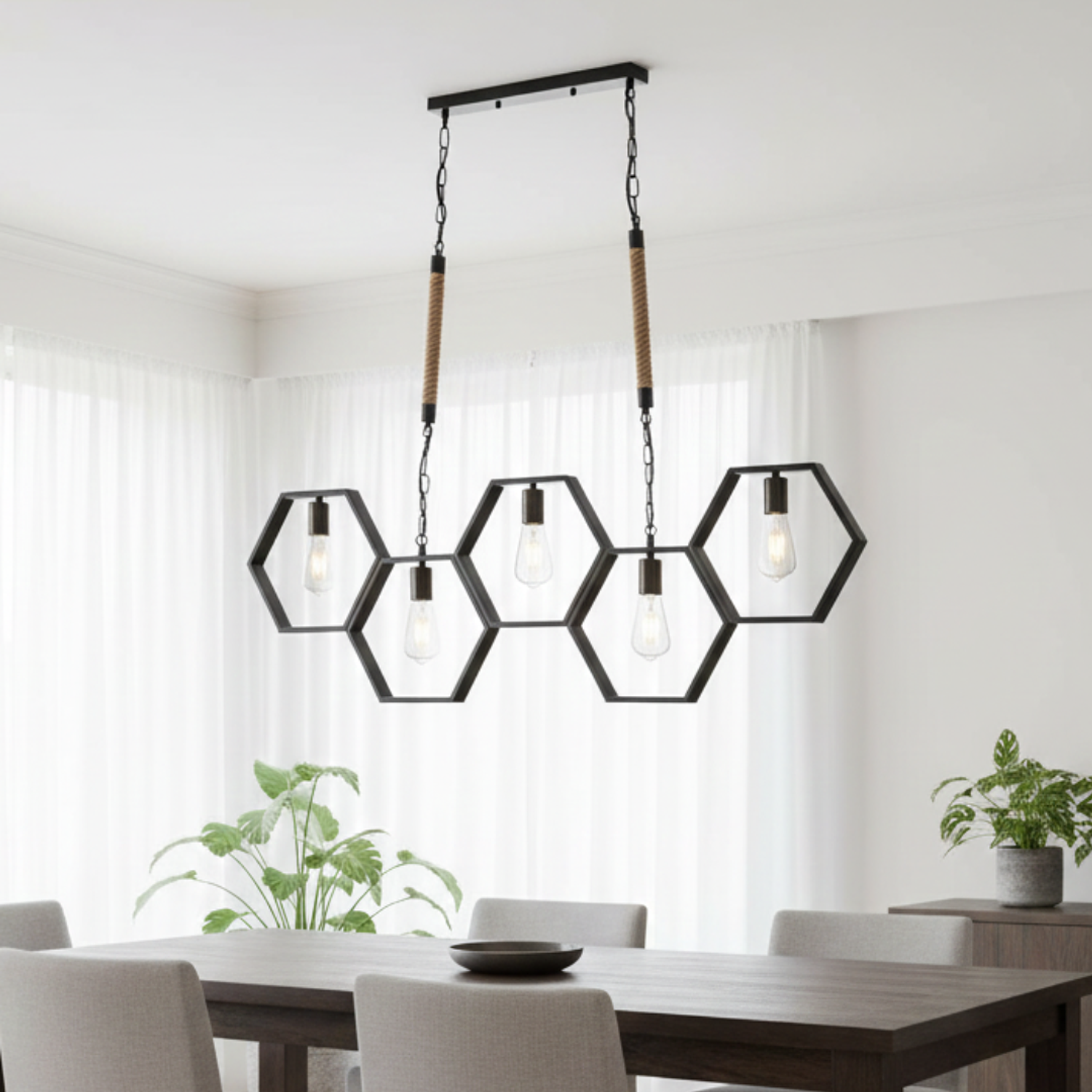 Lámpara de Techo Hexagonal con Detalles de Cuerda y 5 Luces 1