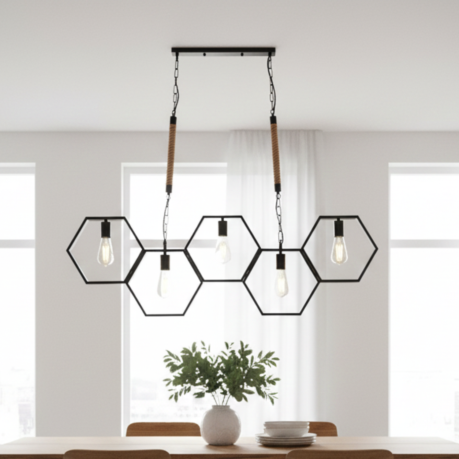 Lámpara de Techo Hexagonal con Detalles de Cuerda y 5 Luces 4