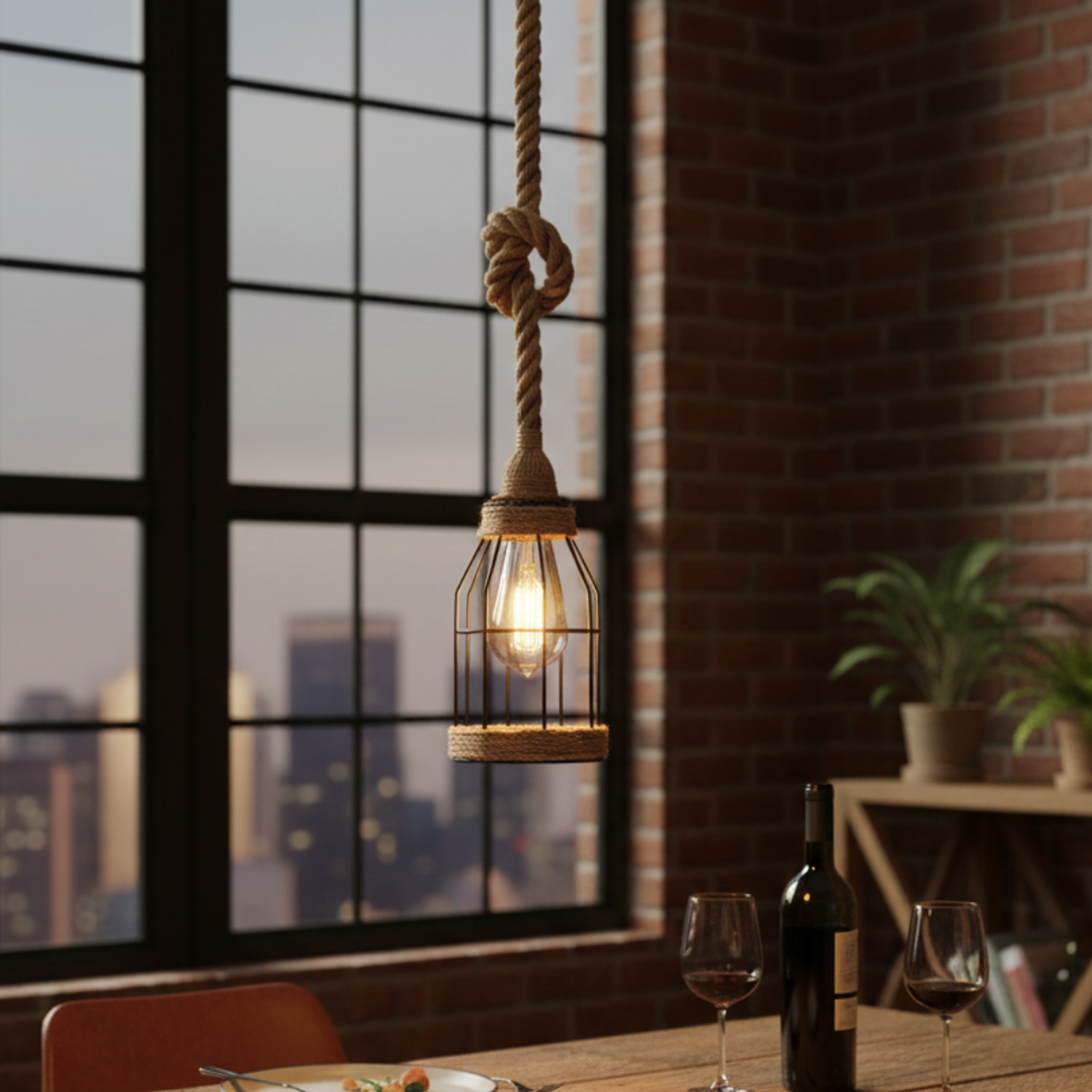 Lámpara Colgante de Cuerda de Cáñamo con Jaula de Metal Estilo Vintage   5