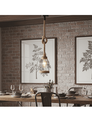 Lámpara Colgante de Cuerda de Cáñamo con Jaula de Metal Estilo Vintage  
