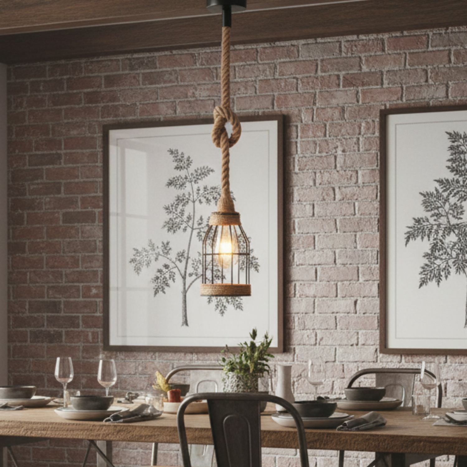 Lámpara Colgante de Cuerda de Cáñamo con Jaula de Metal Estilo Vintage   1