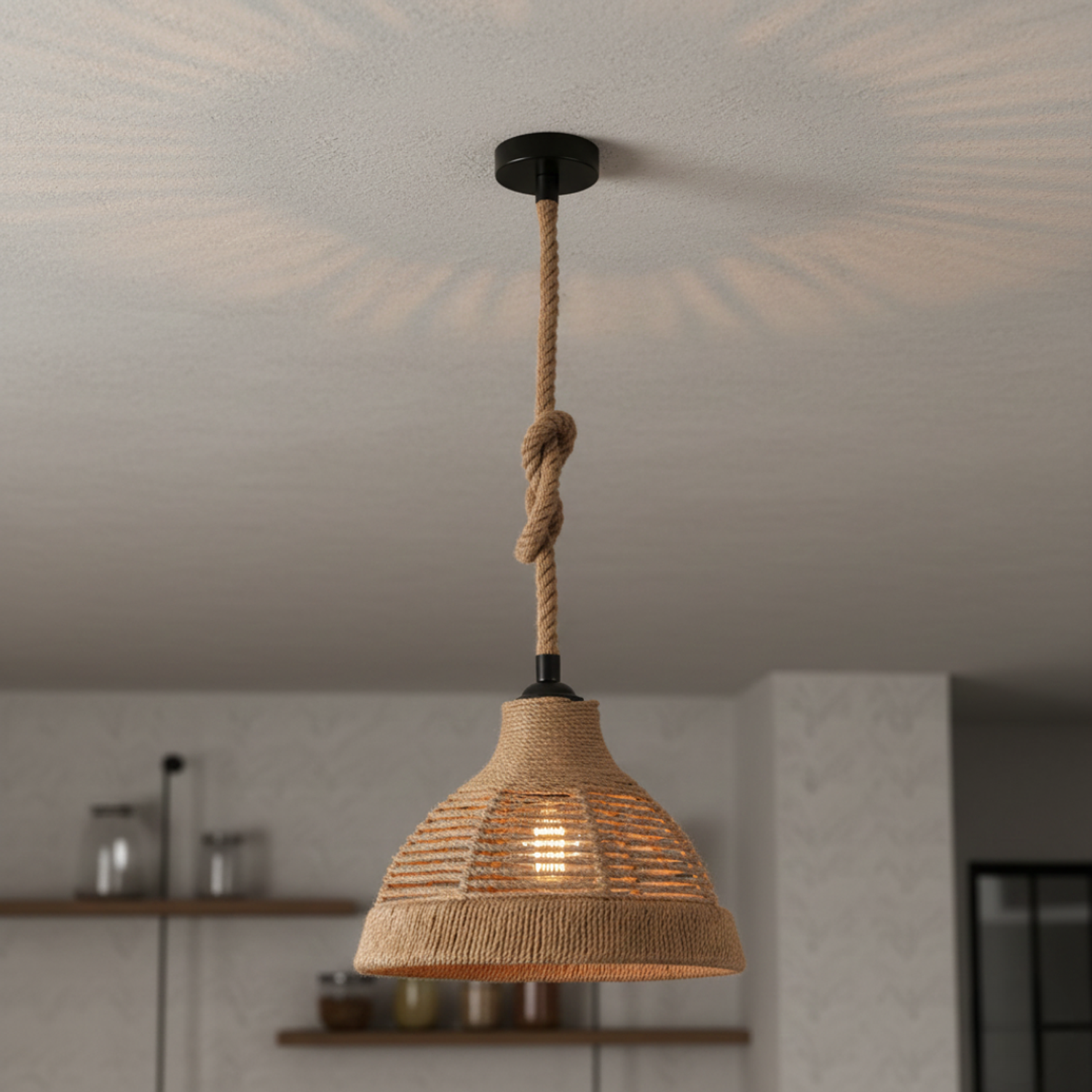 Lámpara Colgante de Cuerda de Cáñamo con Pantalla Acampanada 1