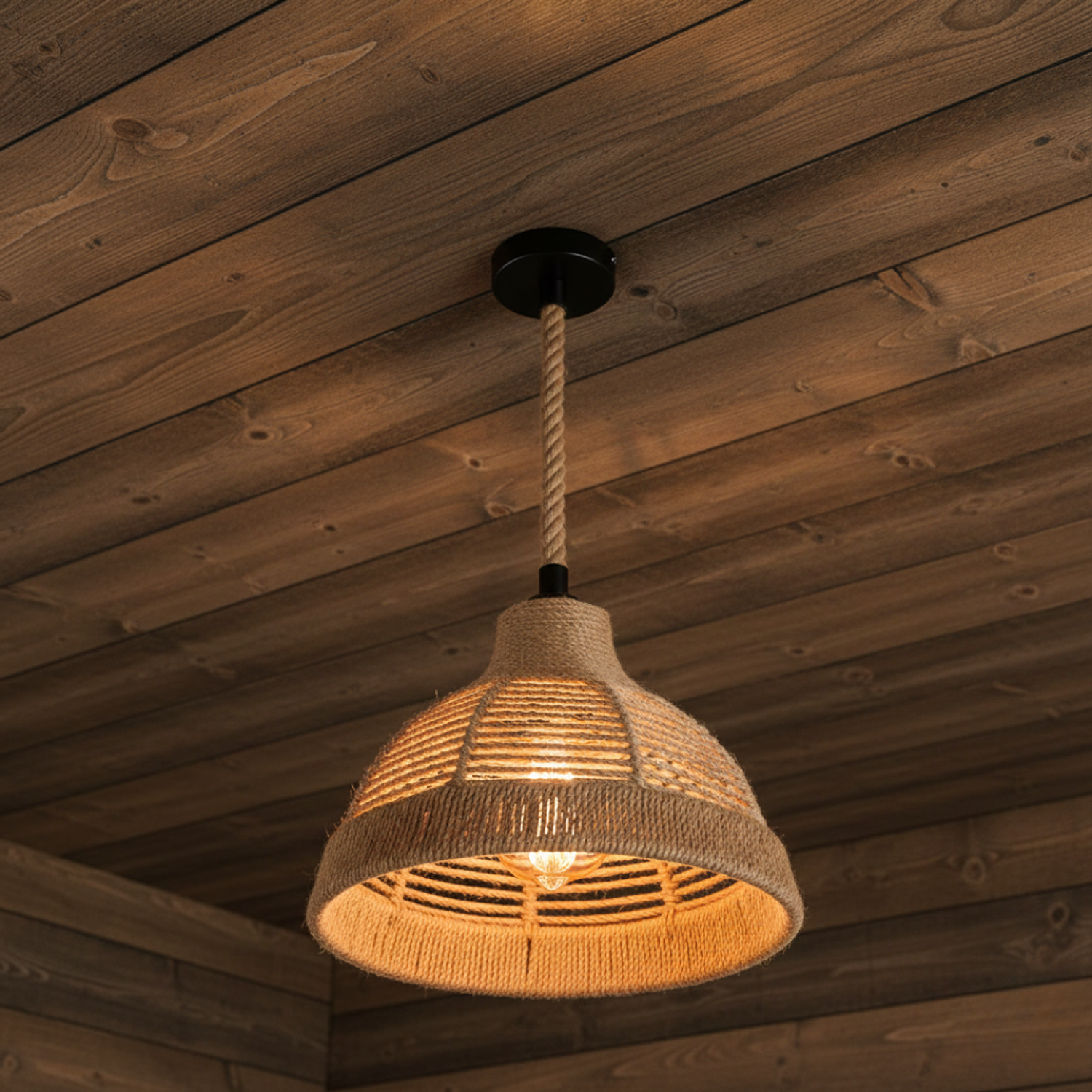 Lámpara Colgante de Cuerda de Cáñamo con Pantalla Acampanada 3