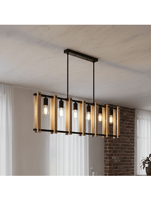 Lámpara de Techo Rectangular de 6 Luces Industrial de Madera y Metal 