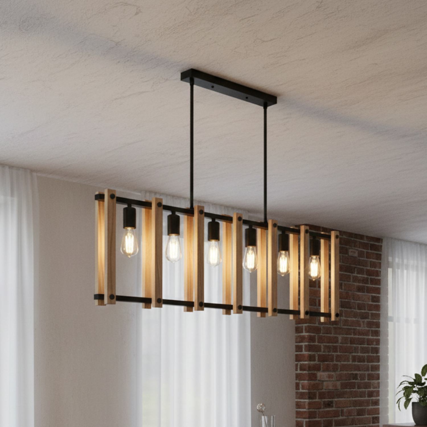 Lámpara de Techo Rectangular de 6 Luces Industrial de Madera y Metal  1