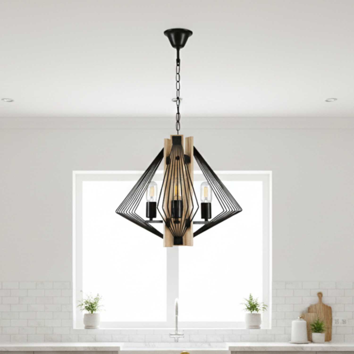 Lámpara Colgante Rústica de Forma de Diamante y Detalles en Madera 4