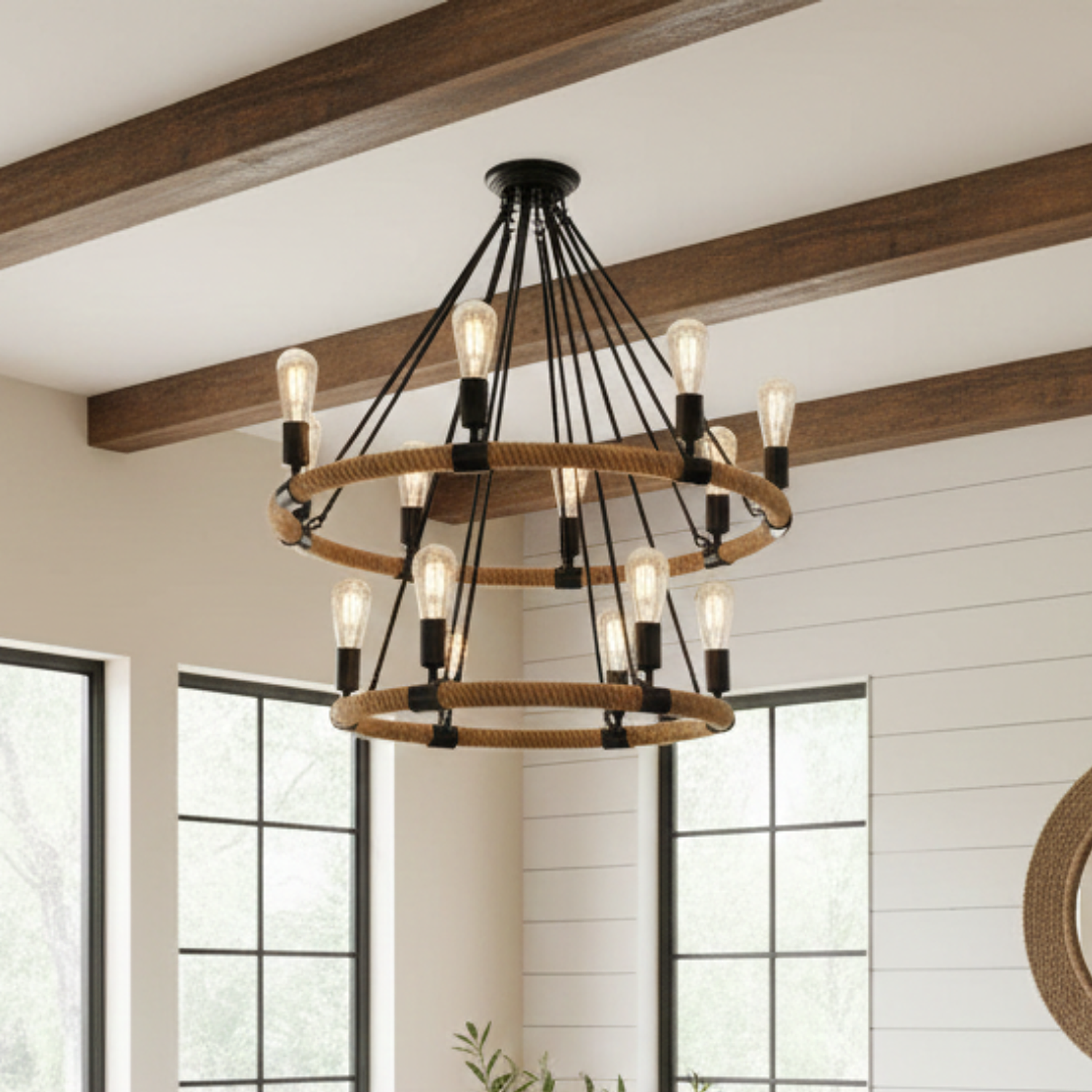 Lámpara de Techo Tipo Araña con Cuerda de Cáñamo y 12 Luces 1