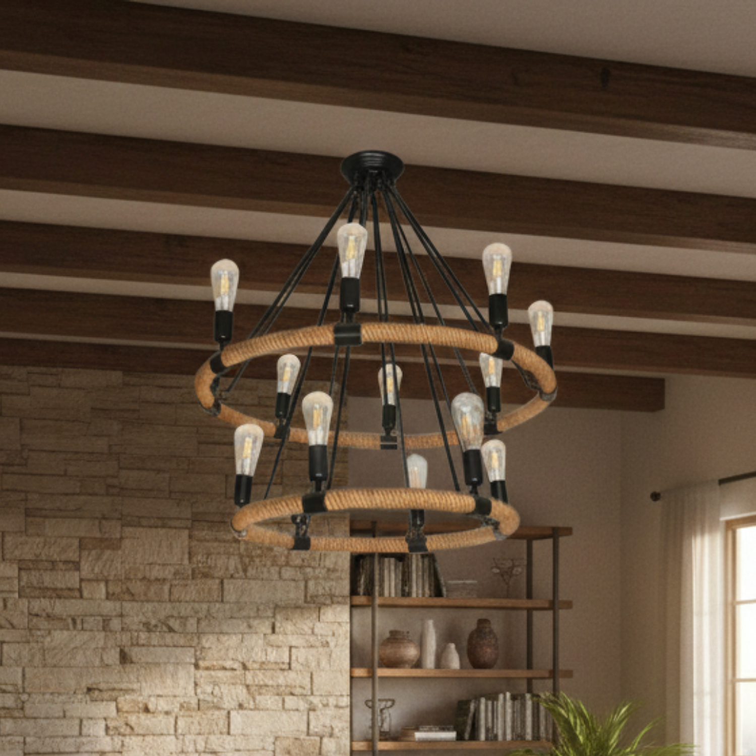 Lámpara de Techo Tipo Araña con Cuerda de Cáñamo y 12 Luces 4