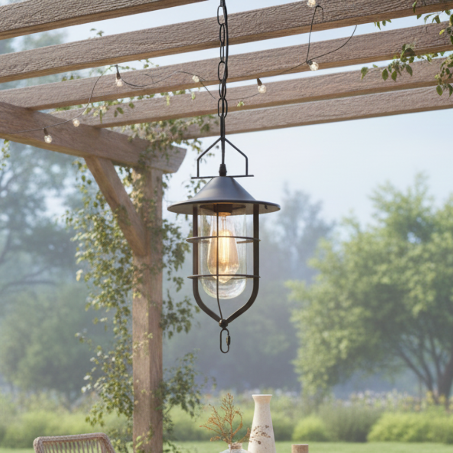 Lámpara Colgante Estilo Industrial de Jaula Negra con Cristal 1