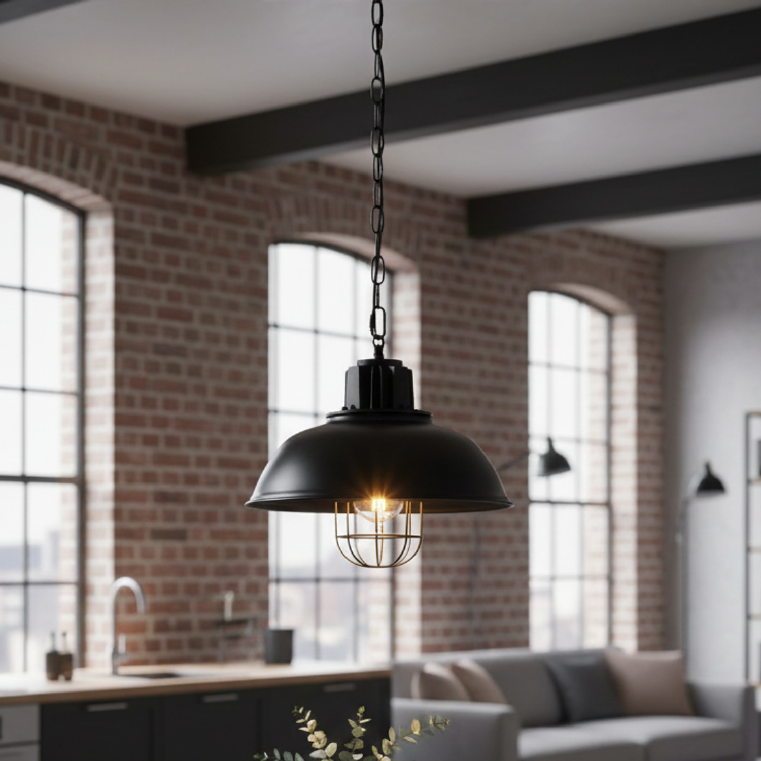 Lámpara Colgante Industrial de Metal Negro con Reja Vintage 1