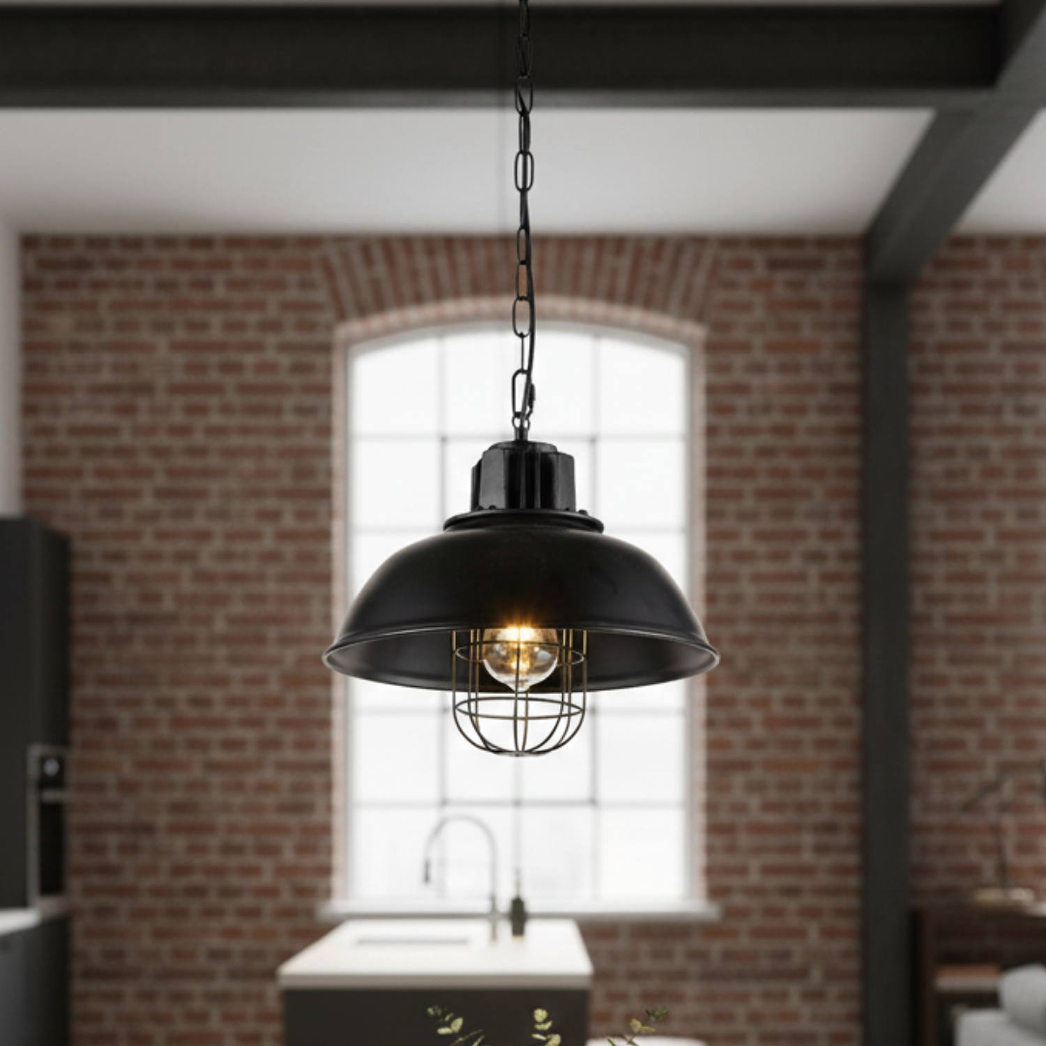 Lámpara Colgante Industrial de Metal Negro con Reja Vintage 4