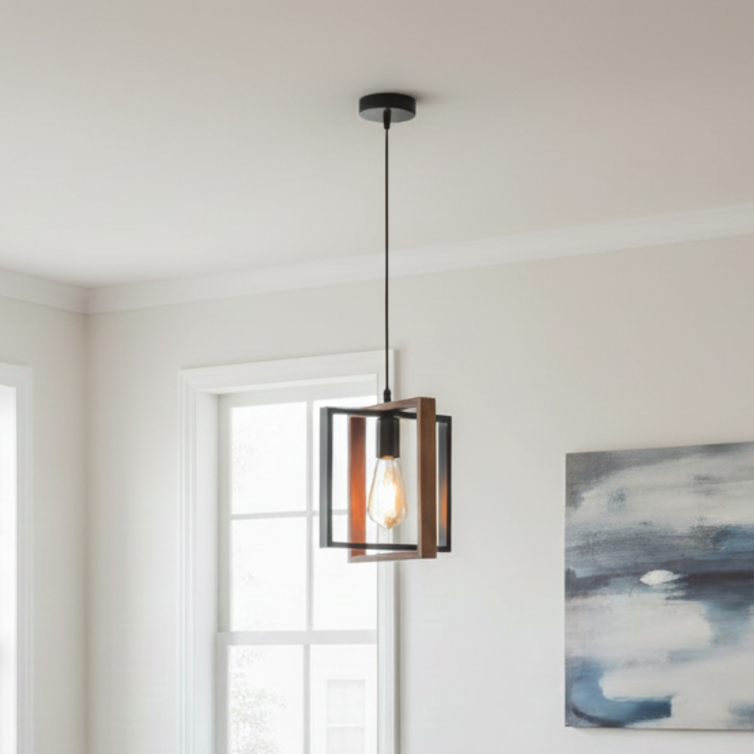 Lámpara Colgante con Doble Marco Cuadrado de Madera y Metal 1