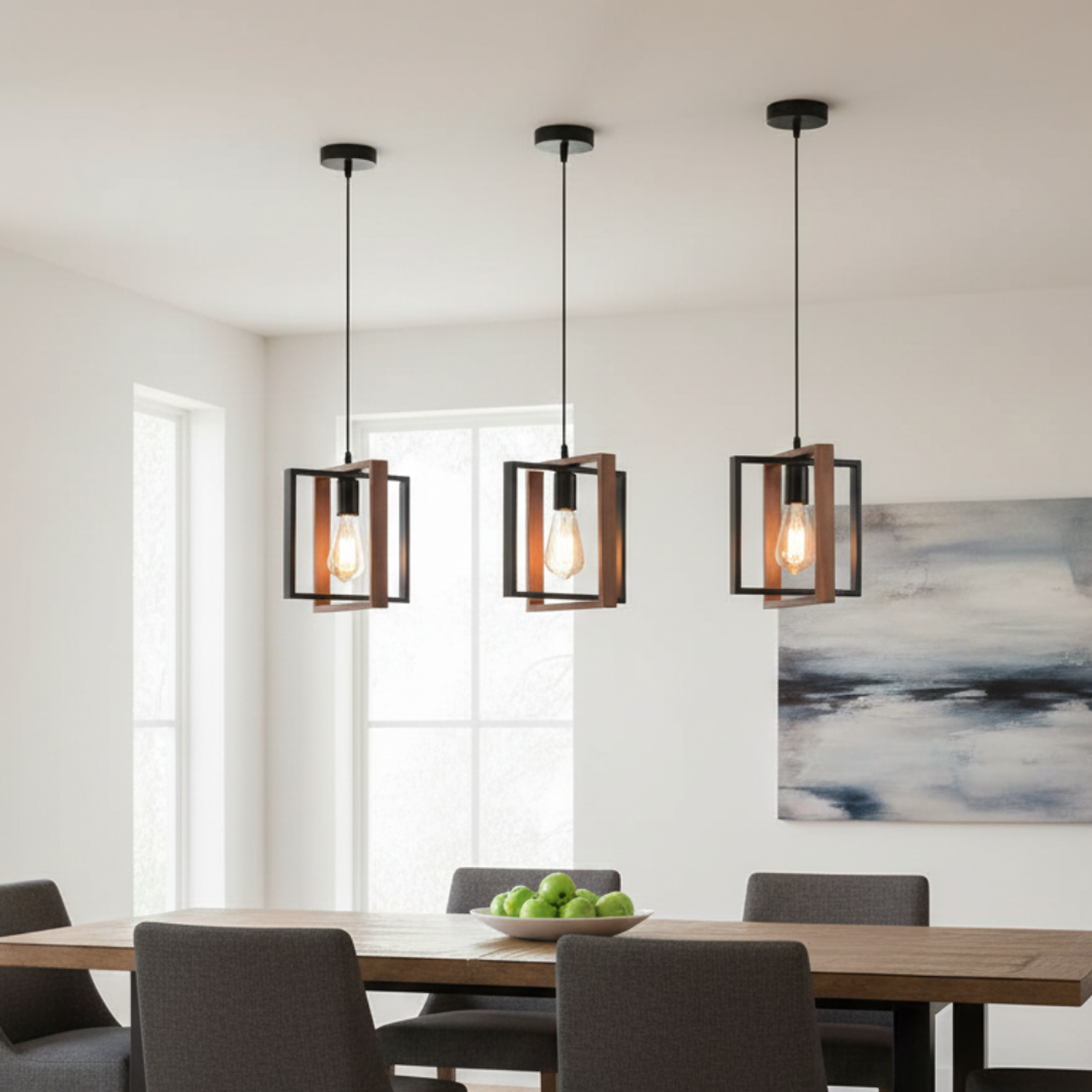 Lámpara Colgante con Doble Marco Cuadrado de Madera y Metal 2