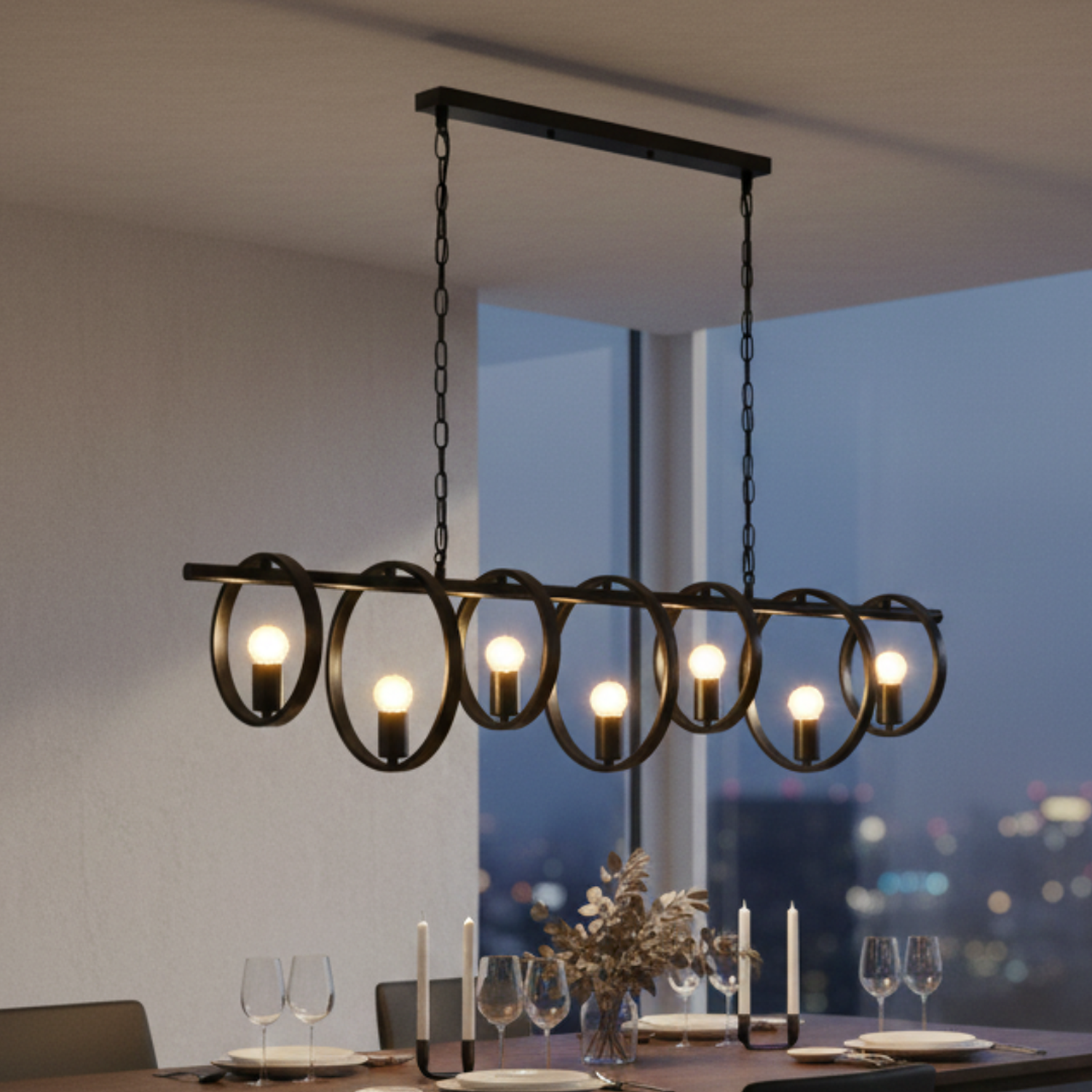 Lámpara Colgante Lineal de 7 Luces con Aros Negros 1