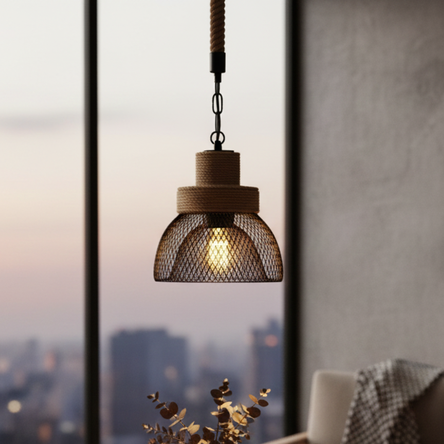 Lámpara Colgante con Pantalla de Malla y Cuerda de Cáñamo 3
