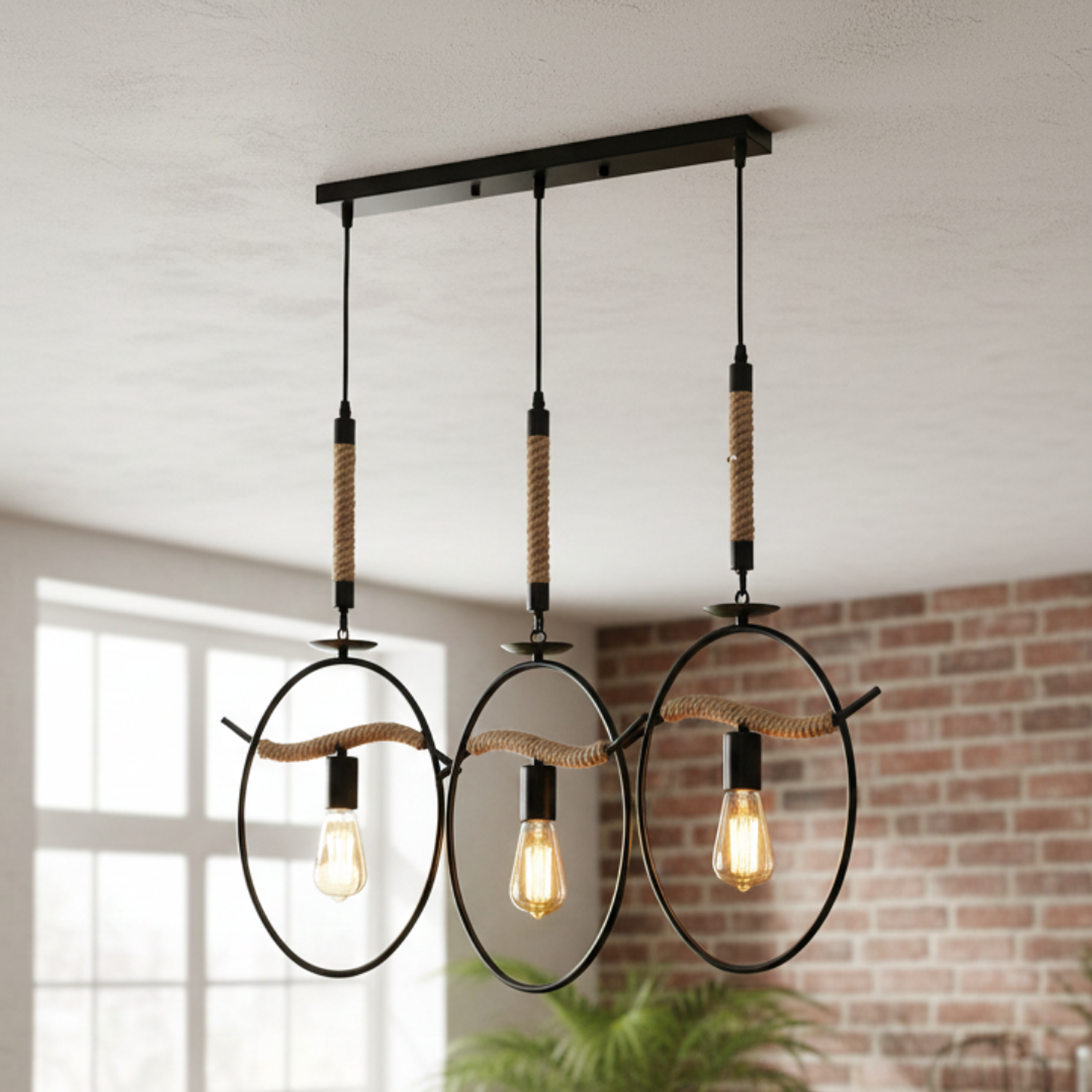 Lámpara de Colgante con 3 Luces con Cuerda de Cáñamo y Aros de Metal  3