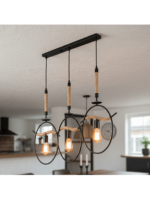 Lámpara de Colgante con 3 Luces con Cuerda de Cáñamo y Aros de Metal 