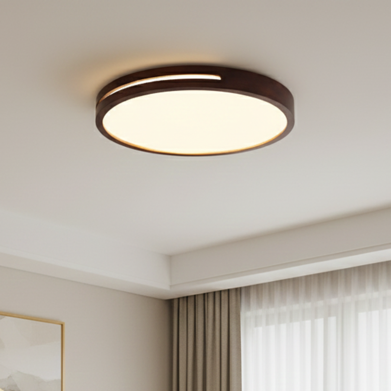 Lámpara Led Redondo 500mm Sobrepuesto Con Control Madera Oscuro  1