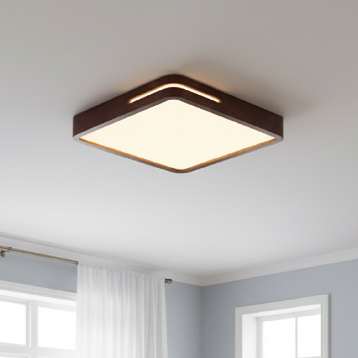 Lámpara Led Cuadrado 400mm Sobrepuesto Con Control Madera Oscuro 36w+36w 1