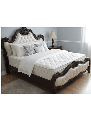 Cama King Real de Lujo  Estilo Barroco de Madera Roble Americano Tallada y Doble Tapizado en Ecocuero Capitoné