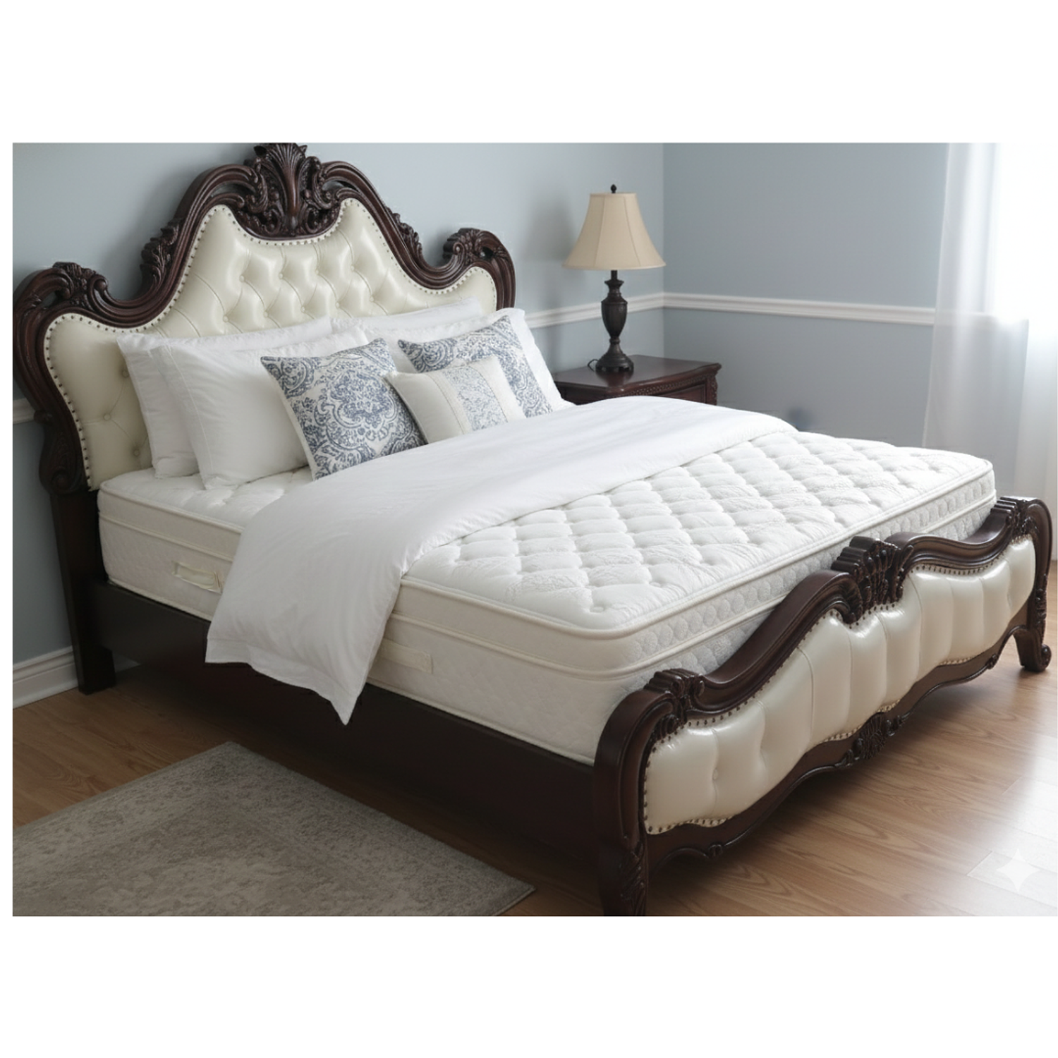 Cama King Real de Lujo  Estilo Barroco de Madera Roble Americano Tallada y Doble Tapizado en Ecocuero Capitoné 1