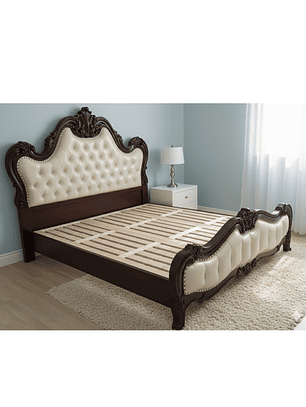 Cama King Real de Lujo  Estilo Barroco de Madera Roble Americano Tallada y Doble Tapizado en Ecocuero Capitoné