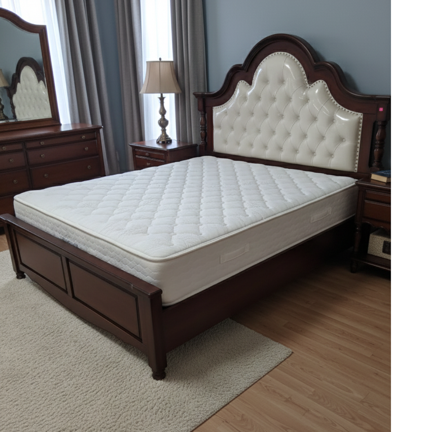 Cama King Premium de Madera Roble Americano con Cabecero Tapizado en Estilo Capitoné de Ecocuero