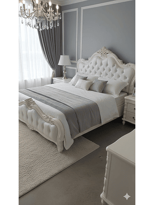 Cama King Blanca Real de Lujo  Estilo Barroco de Madera Roble Americano Tallada y Doble Tapizado en Cuero Capitoné