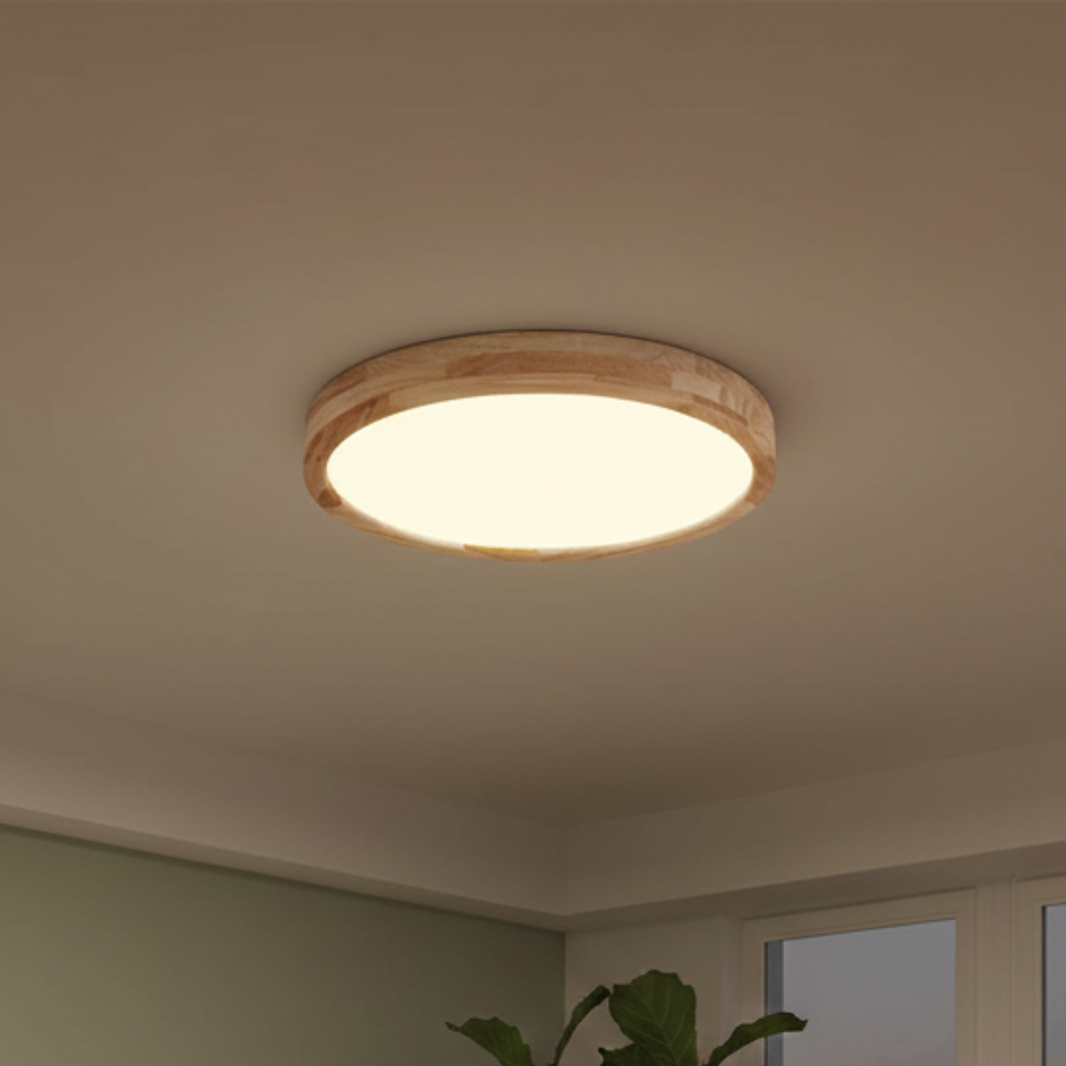 Lámpara Led Redondo 400mm Sobrepuesto Con Control Madera Clara 36w+36w 1