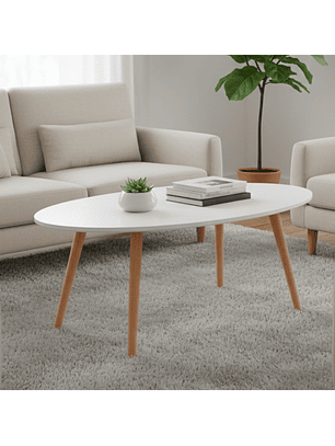 Mesa de Centro Ovalada Blanca con Patas de Madera 100x50cm