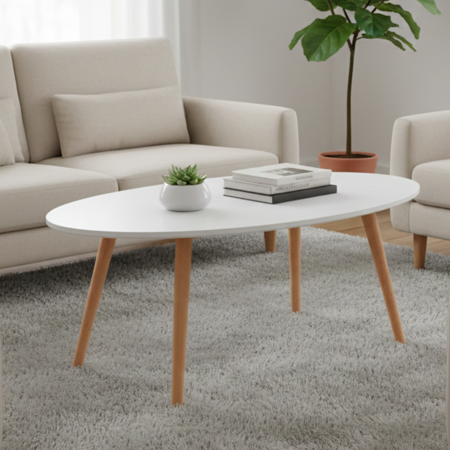 Mesa de Centro Ovalada Blanca con Patas de Madera 100x50cm 2