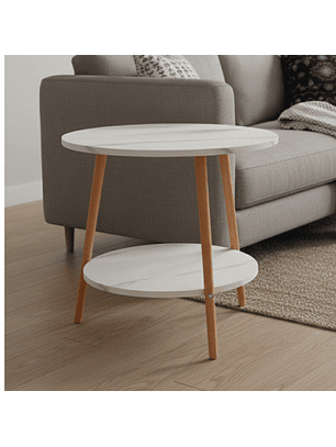 Mesa Lateral de Dos Niveles con Efecto Mármol Blanco y Patas de Madera 70x50cm