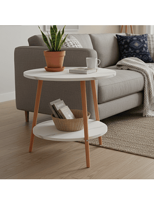 Mesa Lateral de Dos Niveles con Efecto Mármol Blanco y Patas de Madera 70x50cm