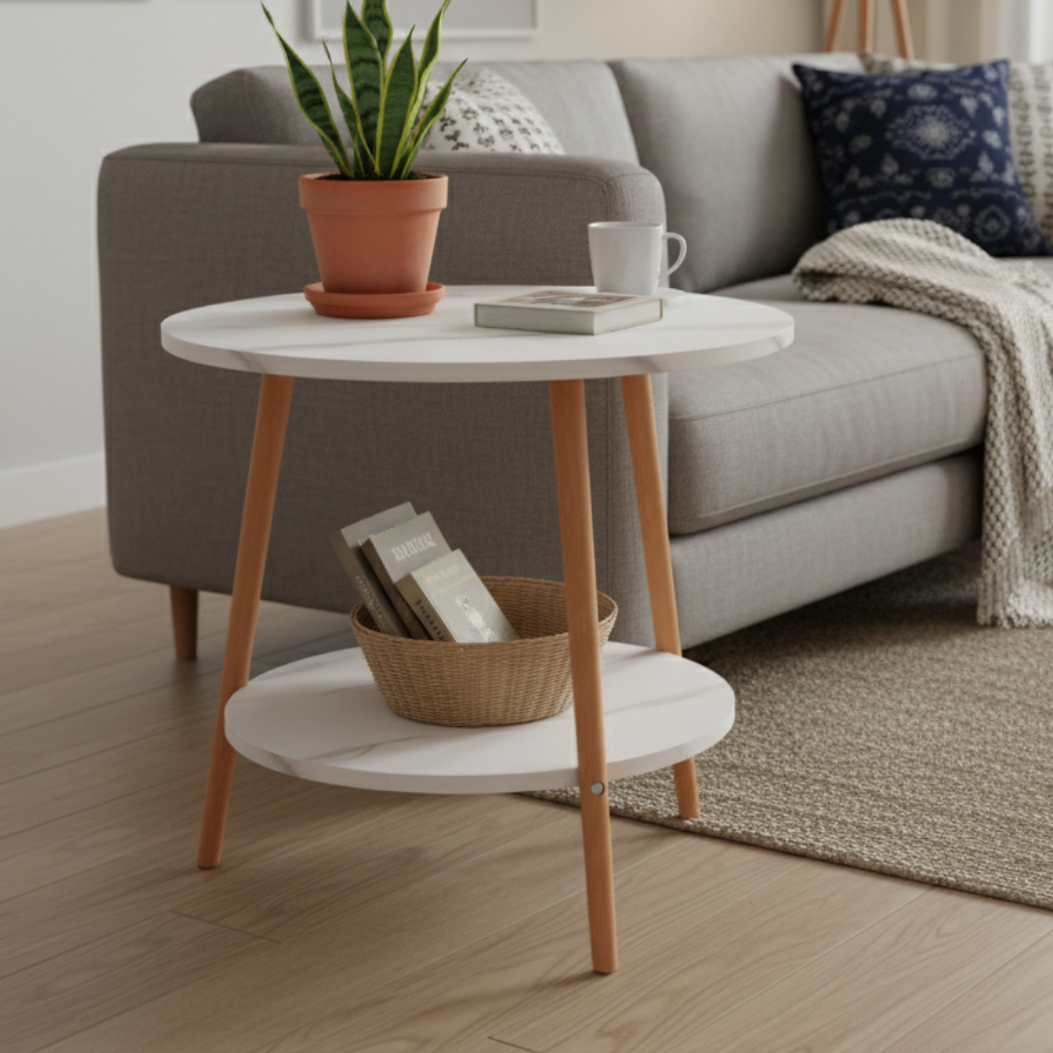 Mesa Lateral de Dos Niveles con Efecto Mármol Blanco y Patas de Madera 70x50cm 1